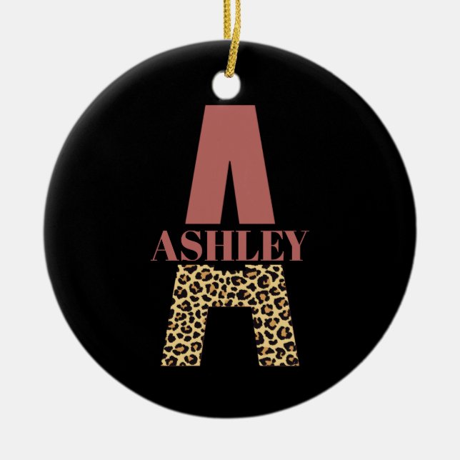 Personalized Monogram A Pink Leopard print  Ceramic Ornament (Front)