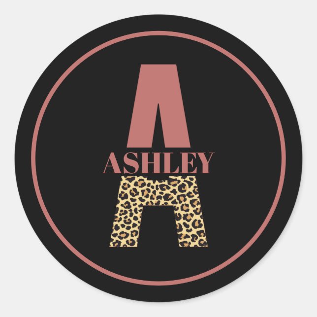 Personalized Monogram A Pink Leopard print  Classic Round Sticker (Front)