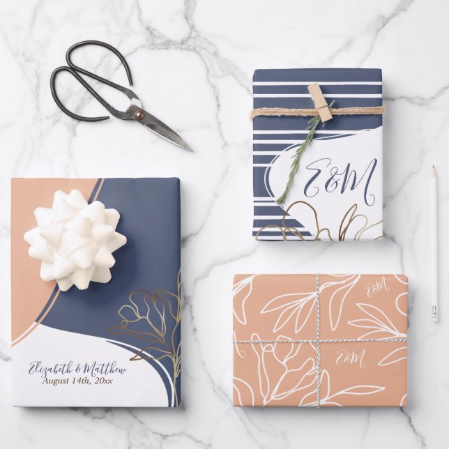 Personalized Monogram Abstract Floral Wedding Wrap Wrapping Paper Sheets (Front)