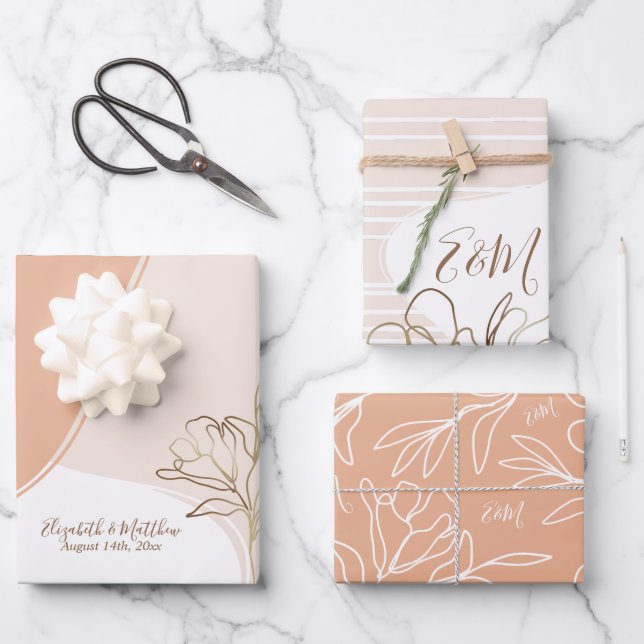 Personalized Monogram Abstract Floral Wedding Wrap Wrapping Paper Sheets (Front)