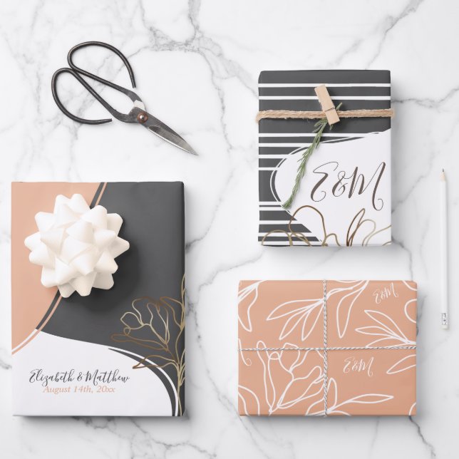 Personalized Monogram Abstract Floral Wedding Wrap Wrapping Paper Sheets (Front)
