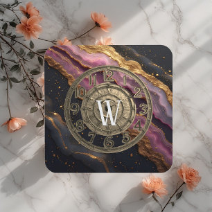 Personalized Monogram Agate Pink Rustic Metal Luxe Beverage Coaster