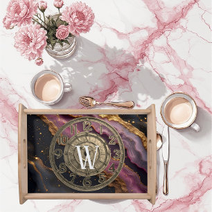 Personalized Monogram Agate Pink Rustic Metal Luxe Serving Tray