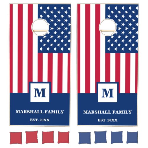 Personalized Monogram American Flag 4th Of July Cornhole Set