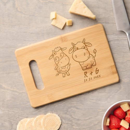 Personalized Monogram and Date Cute Cow Couple Cutting Board