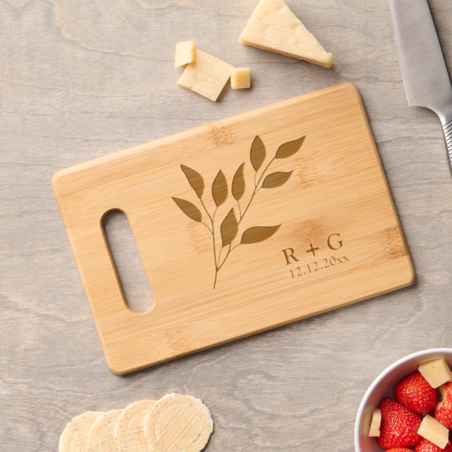Personalized Monogram and Date Wedding Foliage Engraved Cutting Board (Cheese)