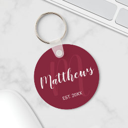 Personalized Monogram and Family Name Burgundy Red Keychain