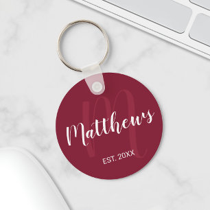 Personalized Monogram and Family Name Burgundy Red Keychain
