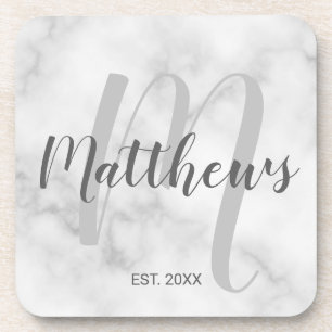 Personalized Monogram and Family Name Marble Beverage Coaster