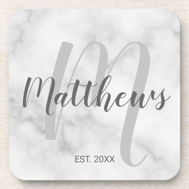 Personalized Monogram and Family Name Marble Beverage Coaster (Front)