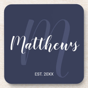 Personalized Monogram and Family Name Navy Blue Beverage Coaster