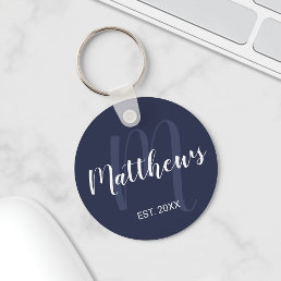 Personalized Monogram and Family Name Navy Blue Keychain