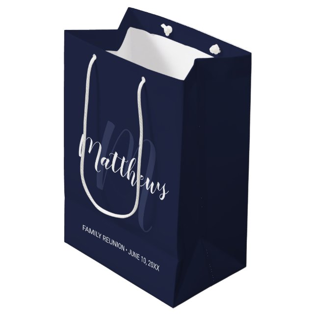 Personalized Monogram and Family Name Navy Blue Medium Gift Bag (Front Angled)