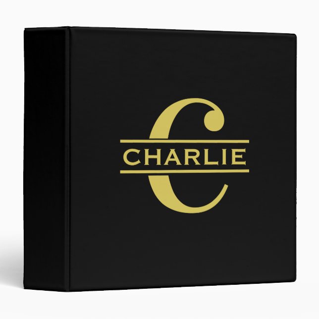 Personalized Monogram And Name Black And Gold 3 Ring Binder (Front/Spine)