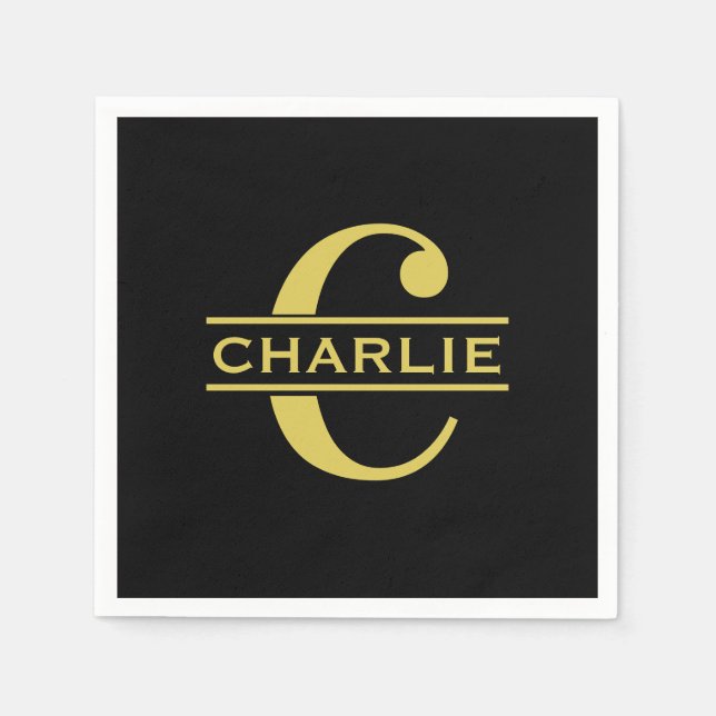 Personalized Monogram And Name Black And Gold Napkins (Front)