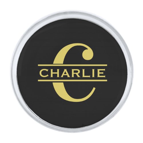 Personalized Monogram And Name Black And Gold Silver Finish Lapel Pin