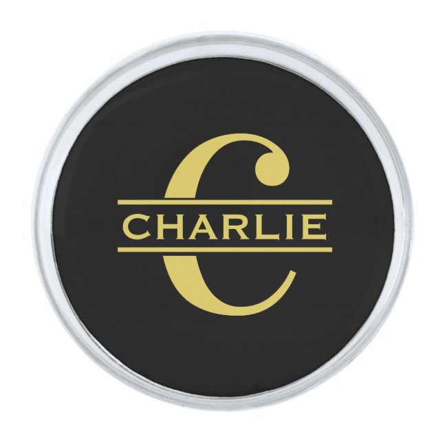 Personalized Monogram And Name Black And Gold Silver Finish Lapel Pin (Front)