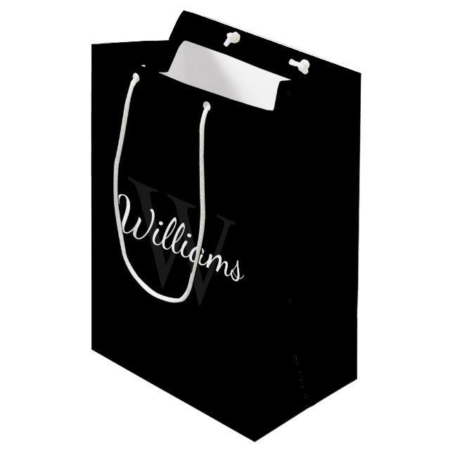 Personalized Monogram and Name Black Medium Gift Bag (Front Angled)