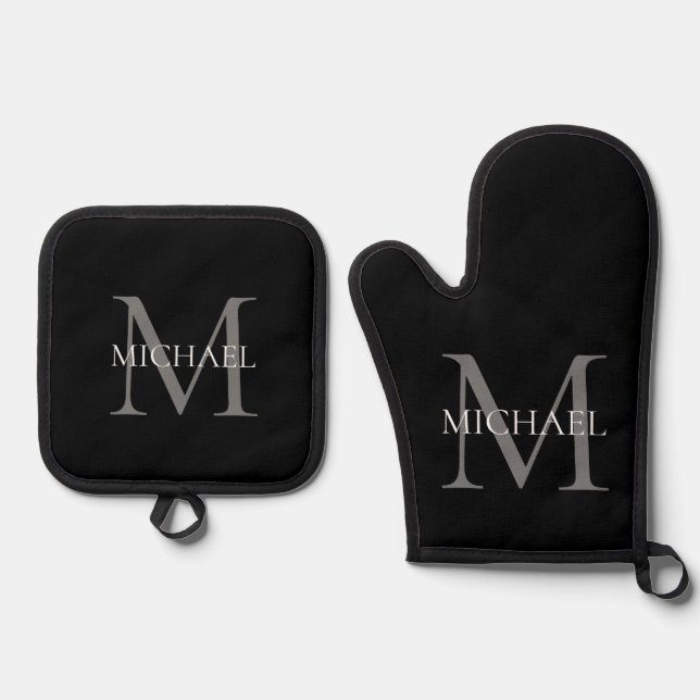 Personalized Monogram and Name Black Oven Mitt & Pot Holder Set (Front)