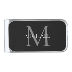 Personalized Monogram and Name Black Silver Finish Money Clip