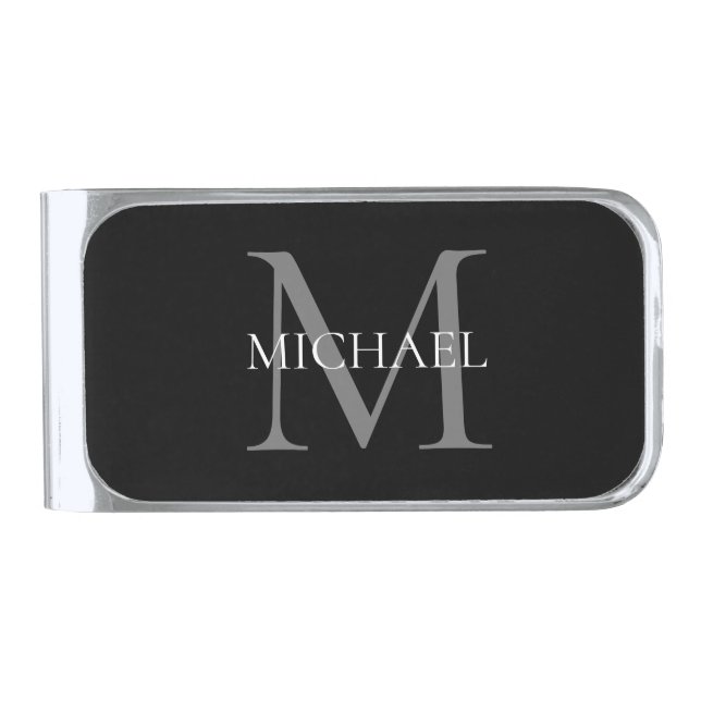 Personalized Monogram and Name Black Silver Finish Money Clip (Front)