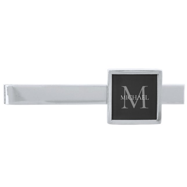 Personalized Monogram and Name Black Silver Finish Tie Bar (Front)