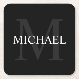 Personalized Monogram and Name Black Square Paper Coaster