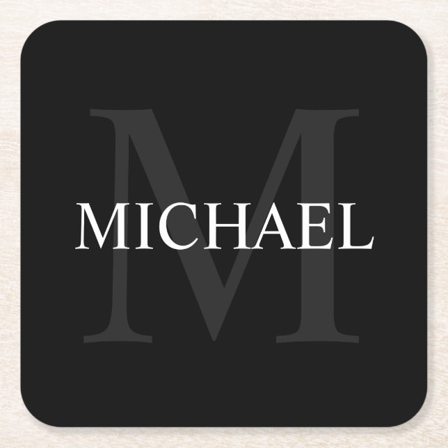 Personalized Monogram and Name Black Square Paper Coaster (Front)