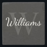 Personalized Monogram and Name Black Stone Coaster<br><div class="desc">Personalized Monogram and Name Gift
features personalized name in white script font style and monogram in grey serif font style as background,  on black background.

Perfect as holiday gift,  father's day gift,  family reunion gift,  thank you gift for groomsmen and gift for any special occasions.</div>