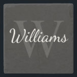 Personalized Monogram and Name Black Stone Coaster<br><div class="desc">Personalized Monogram and Name Gift
features personalized name in white script font style and monogram in grey serif font style as background,  on black background.

Perfect as holiday gift,  father's day gift,  family reunion gift,  thank you gift for groomsmen and gift for any special occasions.</div>