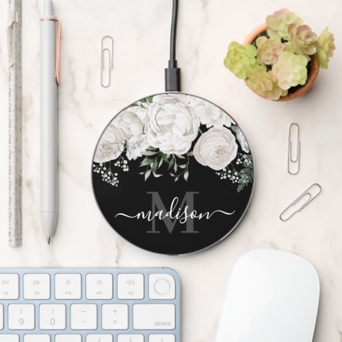 Personalized Monogram and Name Black White Floral Wireless Charger