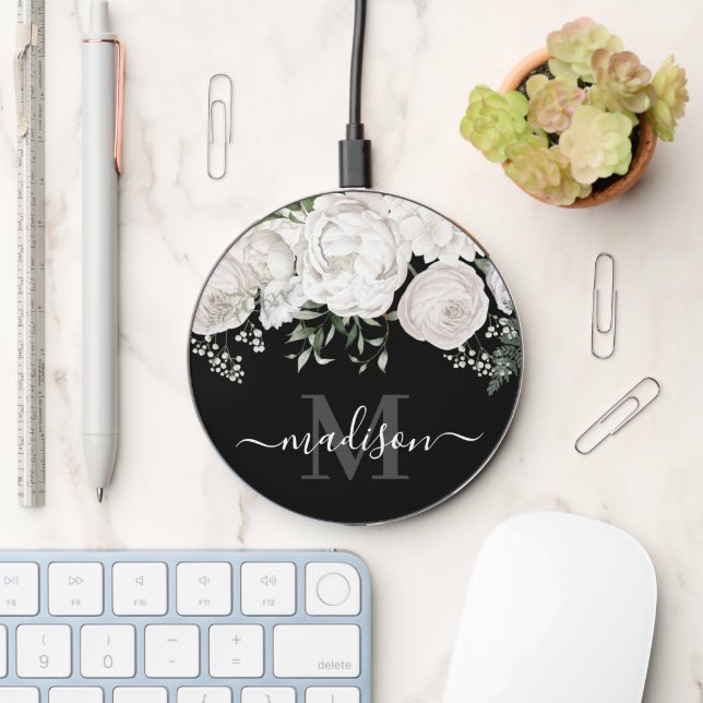 Personalized Monogram and Name Black White Floral Wireless Charger (Desk)