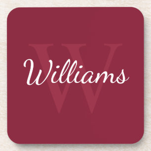 Personalized Monogram and Name Burgundy Red Beverage Coaster