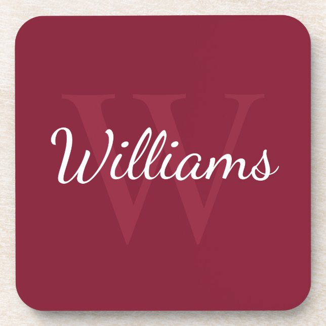 Personalized Monogram and Name Burgundy Red Beverage Coaster (Front)