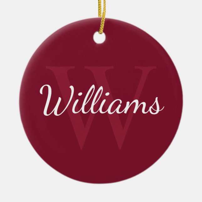 Personalized Monogram and Name Burgundy Red Ceramic Ornament (Front)