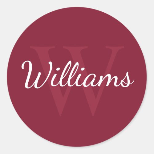 Personalized Monogram and Name Burgundy Red Classic Round Sticker