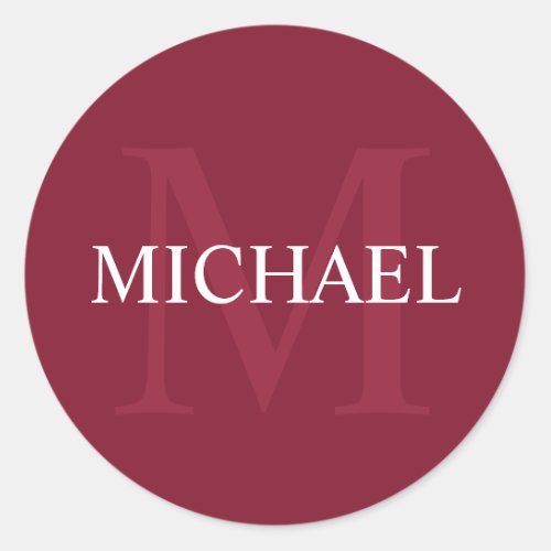 Personalized Monogram and Name Burgundy Red Classic Round Sticker