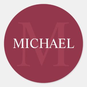 Personalized Monogram and Name Burgundy Red Classic Round Sticker