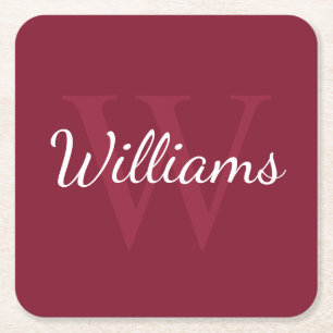Personalized Monogram and Name Burgundy Red Square Paper Coaster