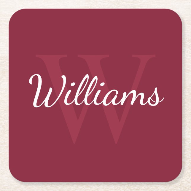 Personalized Monogram and Name Burgundy Red Square Paper Coaster (Front)