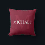 Personalized Monogram and Name Burgundy Red Throw Pillow<br><div class="desc">Personalized Monogram and Name Gift
features personalized name in white and monogram in light burgundy red as background,  in classic serif font style,  
on burgundy red background.

Perfect as holiday gift,  family reunion favors,  housewarming gift and gift for any special occasions.</div>