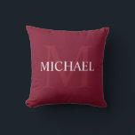Personalized Monogram and Name Burgundy Red Throw Pillow<br><div class="desc">Personalized Monogram and Name Gift
features personalized name in white and monogram in light burgundy red as background, in classic serif font style,
on burgundy red background.
Perfect as holiday gift, family reunion favors, housewarming gift and gift for any special occasions.</div>
