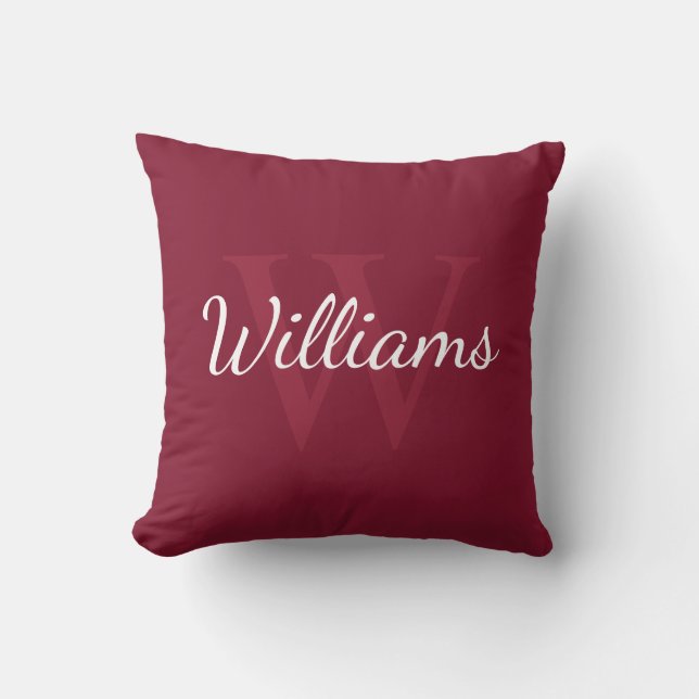 Personalized Monogram and Name Burgundy Red Throw Pillow (Front)