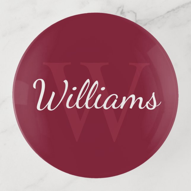 Personalized Monogram and Name Burgundy Red Trinket Tray (Front)