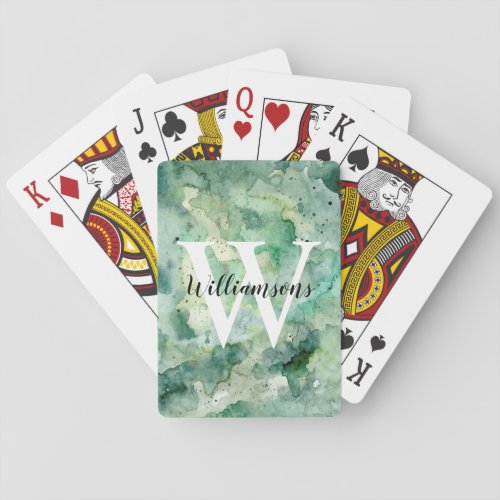 Personalized Monogram and Name Green Watercolor Poker Cards