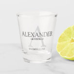 Personalized Monogram and Name Groomsman Shot Glass<br><div class="desc">Elevate your wedding experience with personalized groomsmen shot glasses, adding a personal touch that resonates. These custom shot glasses showcase the groomsman's name and title in sophisticated grey tones, set against a soft light grey monogram background, all crafted in a classic serif font style. Noteworthy for best man gifts, father...</div>