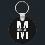 Personalized Monogram and Name Keychain<br><div class="desc">Personalized Monogram and Name Gifts
featuring personalized monogram in white bold modern sans serif font style with box of name in the middle of monogram on black background.

Perfect as father's day gifts for dad,  gifts for grandfather,  husband,  groom,  best man,  groomsmen and more.</div>