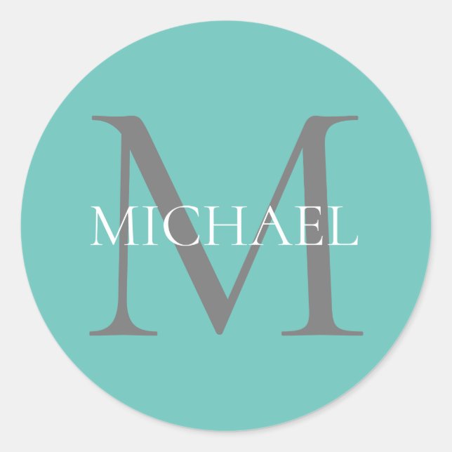 Personalized Monogram and Name Light Teal Classic Round Sticker (Front)
