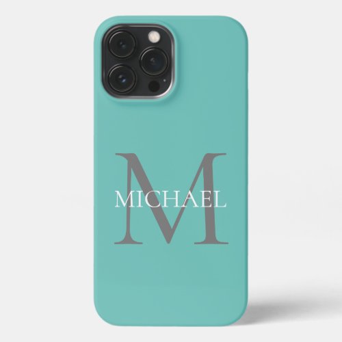 Personalized Monogram and Name Light Teal iPhone 13 Pro Max Case