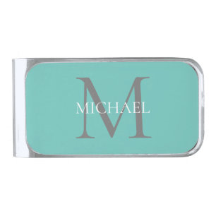 Personalized Monogram and Name Light Teal Silver Finish Money Clip